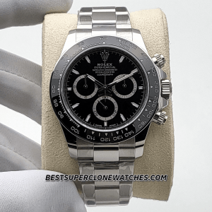 Replica Rolex Daytona with 4131 clone movement featuring panda-style black and white dial