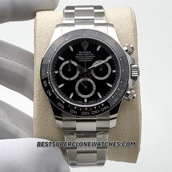 Replica Rolex Daytona with 4131 clone movement featuring panda-style black and white dial
