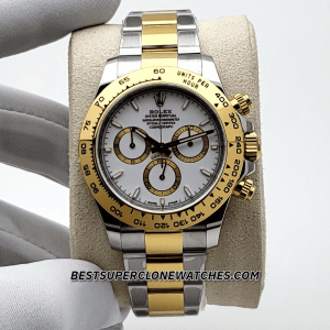Swiss super clone Rolex Daytona Yellow Rolesor edition with white dial and stainless steel accents