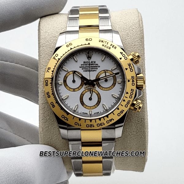Swiss super clone Rolex Daytona Yellow Rolesor edition with white dial and stainless steel accents
