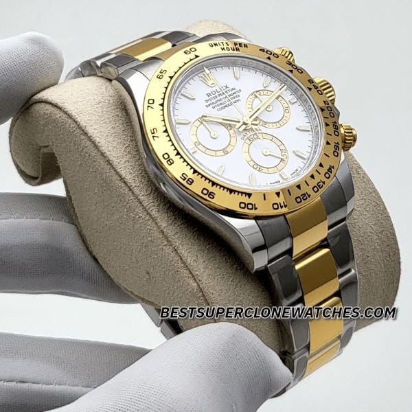 Rolex Daytona Swiss super clone with yellow Rolesor case and white dial