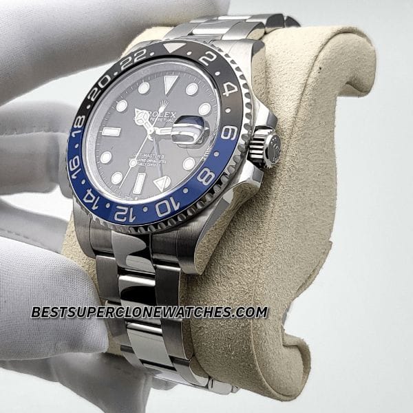 Close-up of Rolex GMT Master II super clone with Batman bezel and cyclops date magnifier
