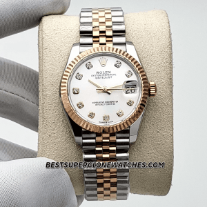 Fake Rolex Datejust watch with Oystersteel and Everose Gold case, diamond-encrusted silver dial, and 2236 movement imitation