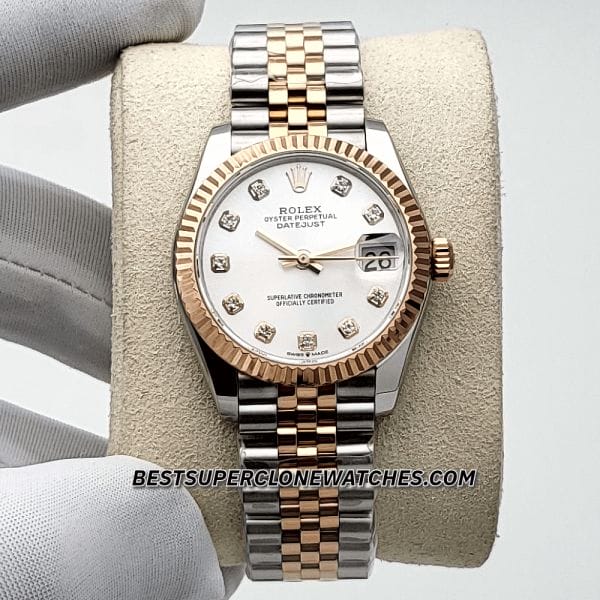 Fake Rolex Datejust watch with Oystersteel and Everose Gold case, diamond-encrusted silver dial, and 2236 movement imitation