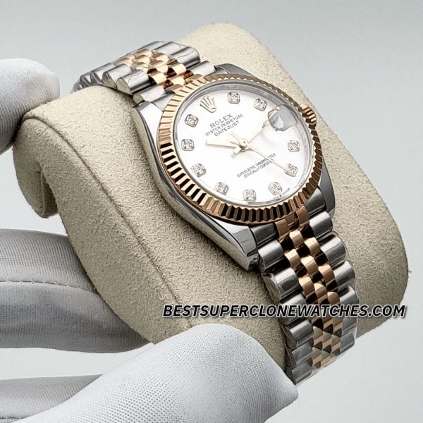 Super clone Rolex Datejust 278271 with Oystersteel and Everose Gold, featuring diamond markers on a silver dial, 31mm size