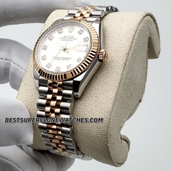 Replica Rolex Datejust 278271 with Oystersteel and Everose Gold, diamond set silver dial, 31mm case, and 2236 movement clone