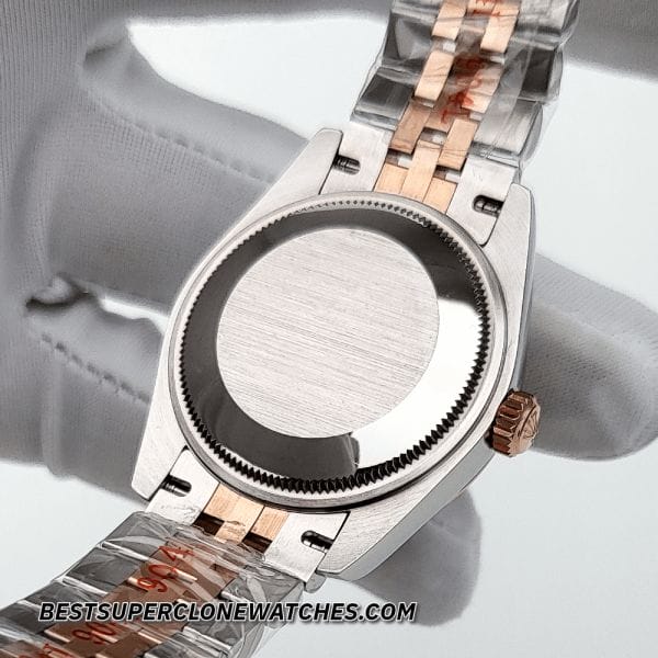 High-quality replica Rolex Datejust featuring a silver dial with diamonds, Oystersteel and Everose Gold case, and 2236 movement