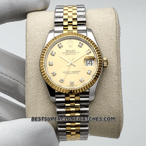 Side view of super clone Rolex Datejust 278271 with 31mm Oystersteel and Everose Gold case and polished finish