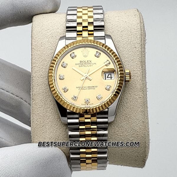 Side view of super clone Rolex Datejust 278271 with 31mm Oystersteel and Everose Gold case and polished finish