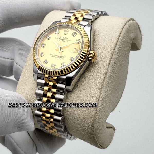 Super clone Rolex Datejust 278273, yellow gold and Oystersteel, diamond markers on champagne dial