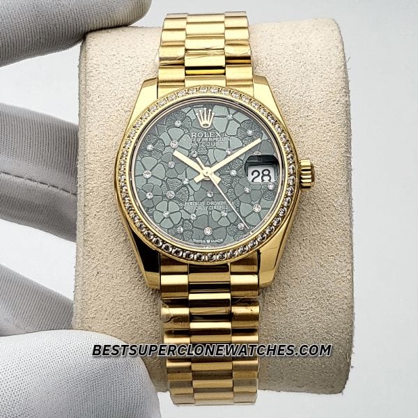Super clone Rolex Datejust 278288RBR with yellow gold, diamond markers on floral olive green dial