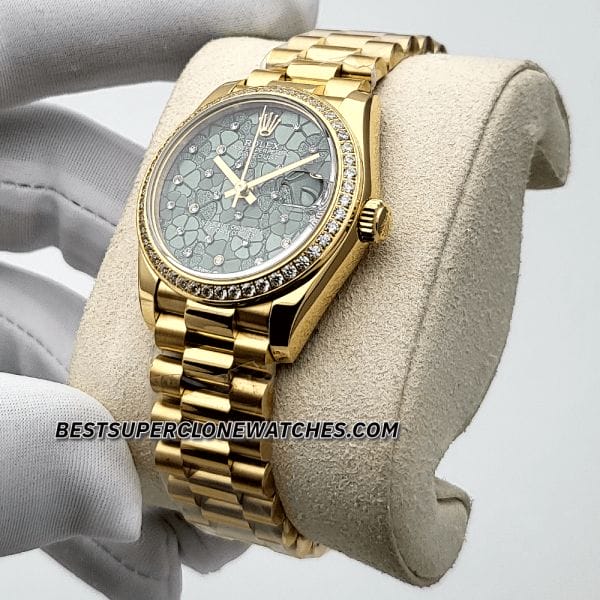 Replica Rolex Datejust 278288RBR with yellow gold, diamond-set floral olive green dial, 31mm case