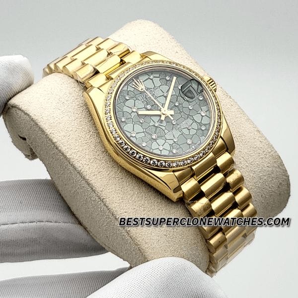 Replica Rolex Datejust 278288RBR with yellow gold, diamond-set floral olive green dial, 31mm size