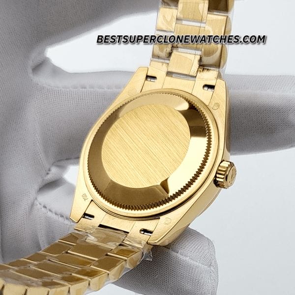 Fake Rolex Datejust with floral olive green dial, yellow gold case, and diamond set markers, 31mm