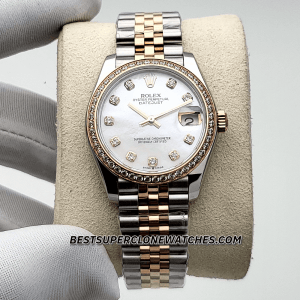 Super clone Rolex Datejust 278381RBR with Everose Gold and Oystersteel, diamonds on white mother-of-pearl dial