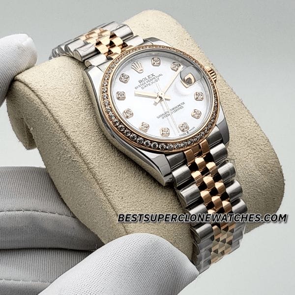 Replica Rolex Datejust 278381RBR with Oystersteel and Everose Gold, diamond-set white mother-of-pearl dial, 31mm case