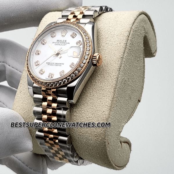 Replica Rolex Datejust 278381RBR, 31mm white mother-of-pearl dial, diamonds, and Everose Gold/Oystersteel case