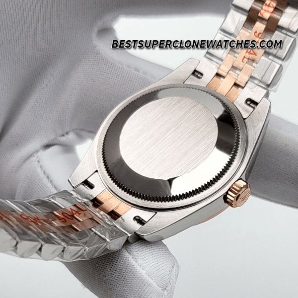 Fake Rolex Datejust with white mother-of-pearl dial, Everose Gold and Oystersteel case, 31mm size