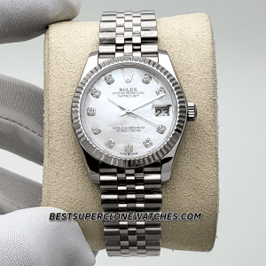 Fake Rolex Datejust 278288RBR with floral olive green dial, yellow gold case, and diamond accents