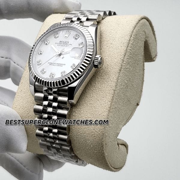 Replica Rolex Datejust 278288RBR with 31mm yellow gold case, floral olive green dial, and diamond accents