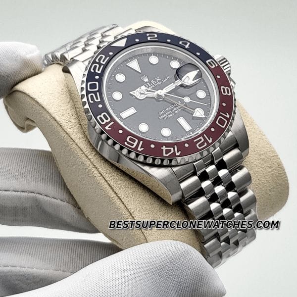 Replica Rolex GMT Master II with 3285 clone movement and Pepsi bezel on jubilee bracelet