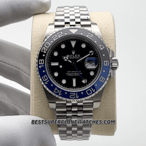 Replica Rolex GMT Master II with 3285 movement, Batman bezel, and jubilee bracelet
