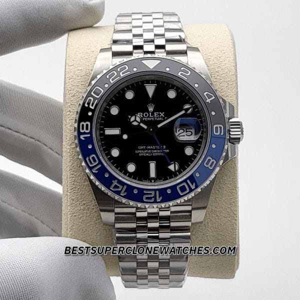 Replica Rolex GMT Master II with 3285 movement, Batman bezel, and jubilee bracelet