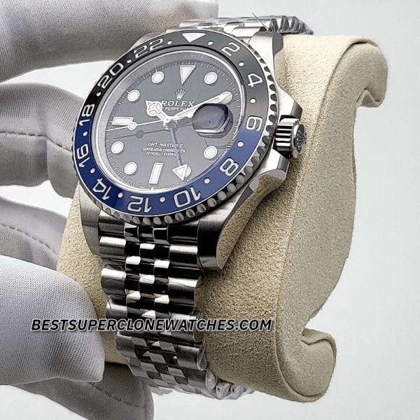 Close-up of Rolex GMT Master II super clone with Batman bezel and cyclops date magnifier