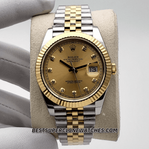 Rolex Datejust 3235 Swiss super clone with champagne dial, diamonds, yellow gold bezel, and Oystersteel case—luxury replica watch.