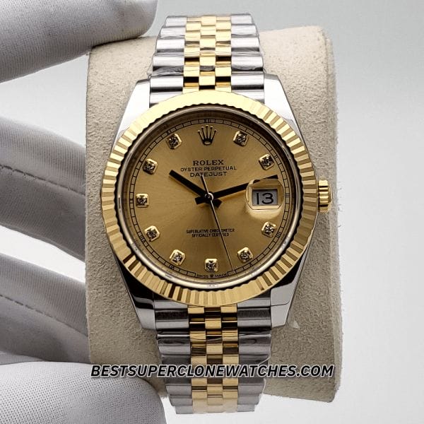 Rolex Datejust 3235 Swiss super clone with champagne dial, diamonds, yellow gold bezel, and Oystersteel case—luxury replica watch.