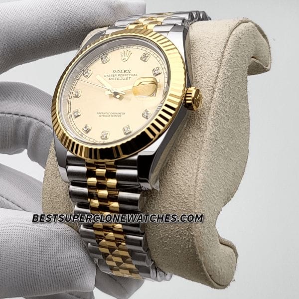 Fake Rolex Datejust Ref-126333 featuring a champagne-colour diamond-set dial, Oystersteel and yellow gold case—high-quality Swiss super clone.