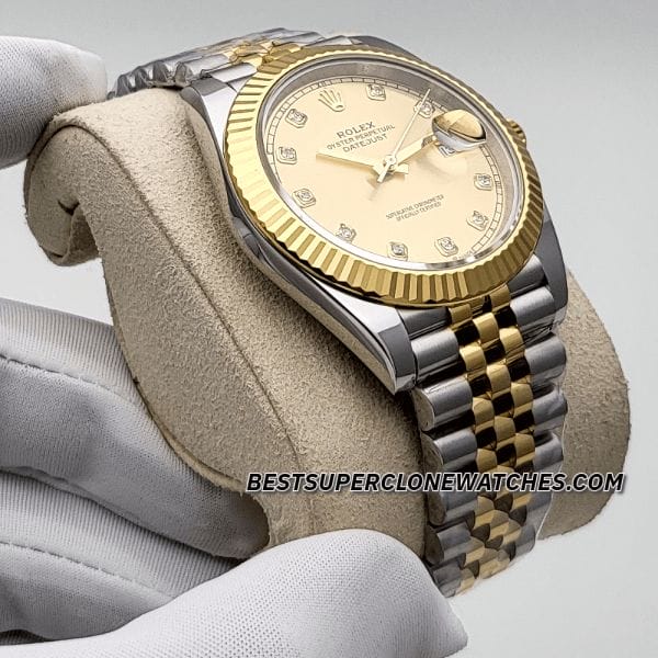 Fake Rolex Datejust Ref-126333, super clone with champagne diamond-set dial, Oystersteel bracelet, and yellow gold bezel—luxury replica design.