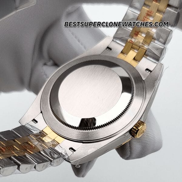 Detailed view of the fake Rolex Datejust Ref-126333 with champagne-coloured diamond-set dial, Oystersteel, and yellow gold design—super clone edition.