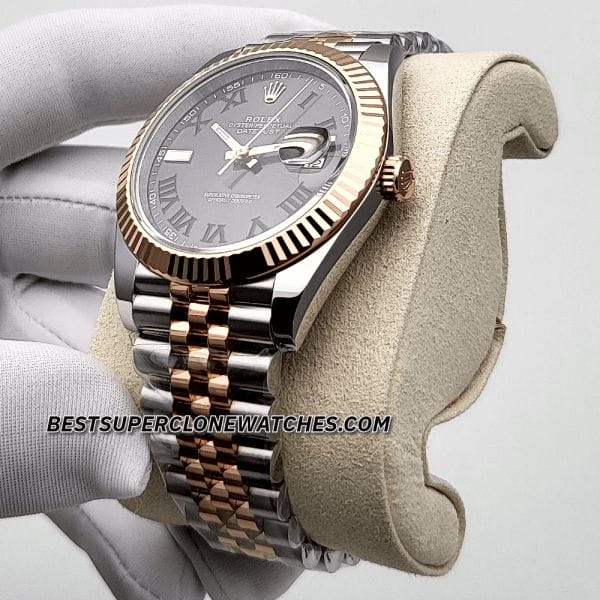 Elegant Rolex Datejust Ref-126331 with a slate dial, Everose gold accents, and Oystersteel case—an affordable super clone watch.