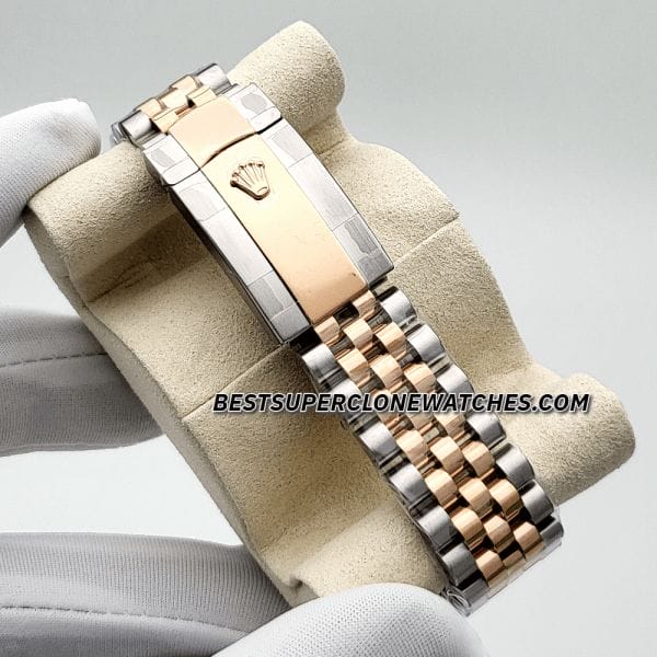 Rolex Datejust 3235 Swiss super clone with slate dial, Everose gold bezel, and Oystersteel case—luxury replica watch.