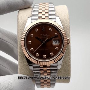 Rolex Datejust 3235 Swiss super clone with chocolate dial, diamonds, Everose gold bezel, and Oystersteel case—luxury replica watch.