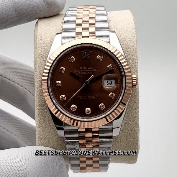 Rolex Datejust 3235 Swiss super clone with chocolate dial, diamonds, Everose gold bezel, and Oystersteel case—luxury replica watch.