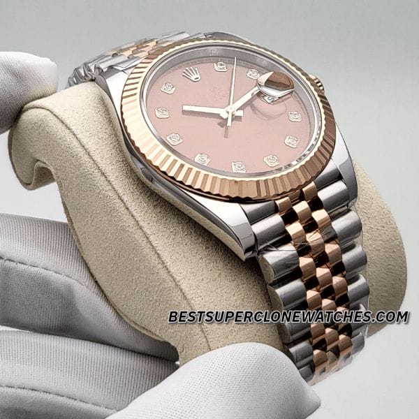 Close-up of the Rolex Datejust 3235 Swiss super clone, featuring a diamond-set chocolate dial with Everose gold and Oystersteel case.