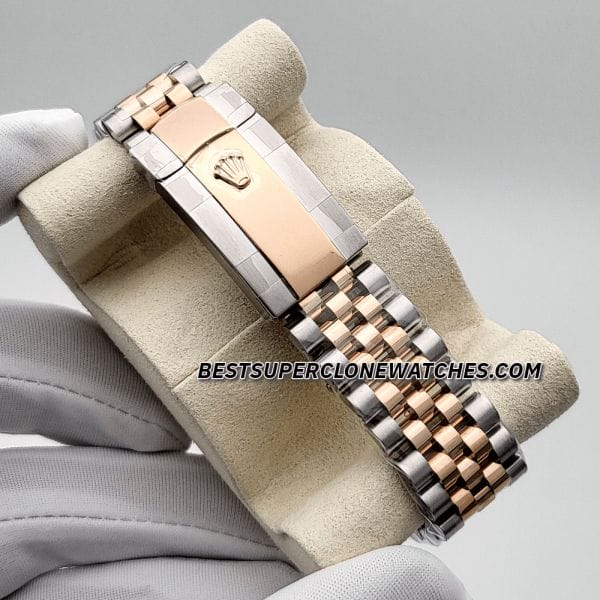 Elegant Rolex Datejust Ref-126331 with a chocolate-coloured diamond-set dial, Everose gold accents, and Oystersteel case—affordable super clone.