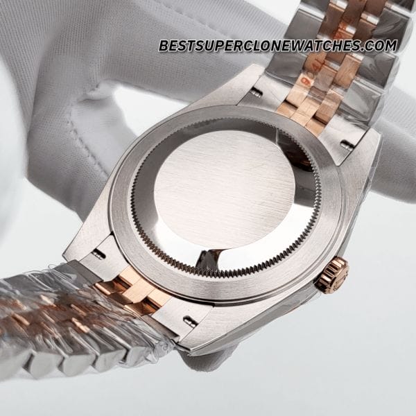 Detailed view of the fake Rolex Datejust Ref-126331 with chocolate diamond-set dial, Oystersteel, and Everose gold design—super clone edition.