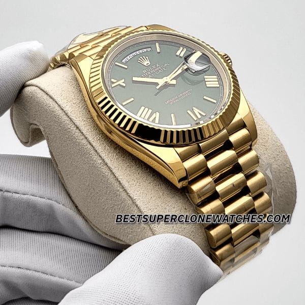 Close-up of Rolex Day-Date super clone with green dial and gold roman numeral markers