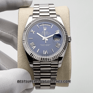 Close-up of Rolex Day-Date super clone with white gold case and blue roman numeral dial