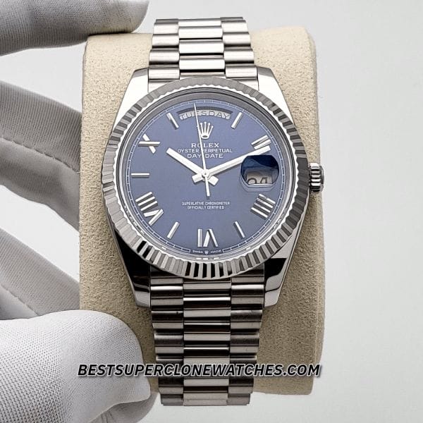 Close-up of Rolex Day-Date super clone with white gold case and blue roman numeral dial
