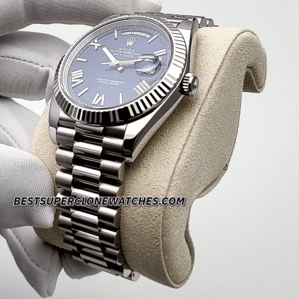 Luxury fake Rolex Day-Date 228239 with bright blue dial and fluted bezel