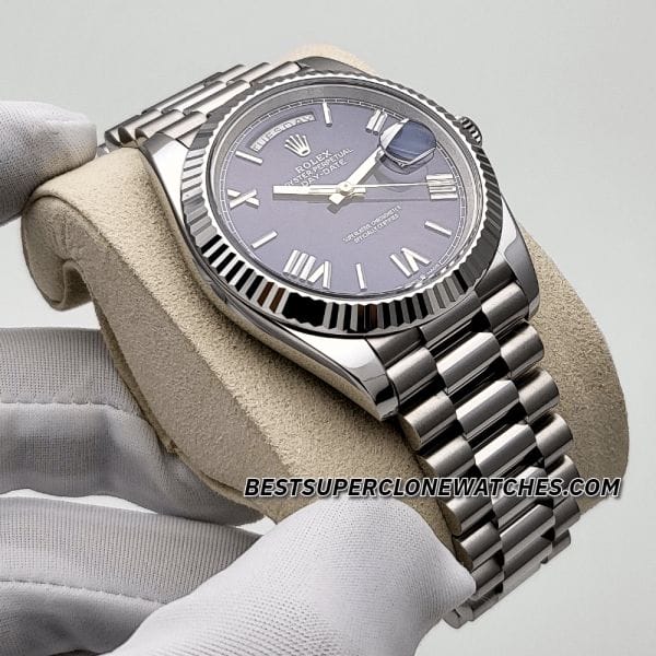 Swiss super clone Rolex Day-Date watch featuring 3255 movement and white gold finish