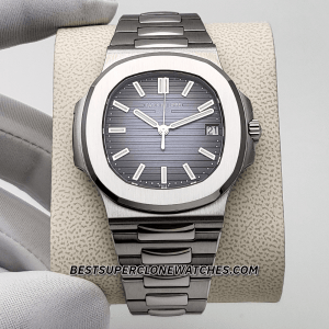 Super clone of Nautilus 5811/1G showing horizontal embossed blue dial and white gold tones