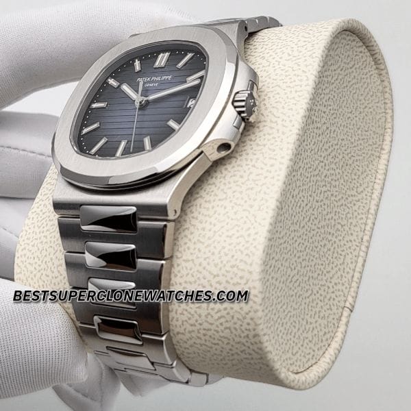 Replica Patek Philippe Nautilus in white gold finish with sunburst blue dial