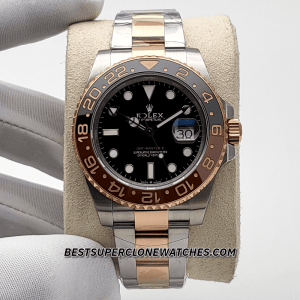 Close-up of Rolex GMT Master II super clone with black dial and cyclops date magnifier