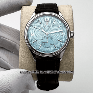 Super clone Rolex 1908 Ref. 52506 with elegant platinum case, ice blue dial, and alligator leather strap