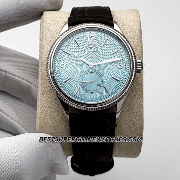 Super clone Rolex 1908 Ref. 52506 with elegant platinum case, ice blue dial, and alligator leather strap
